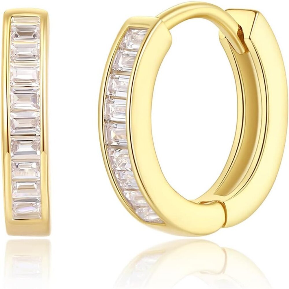 14K Gold Plated Huggie Earrings with Cubic Zirconia - Elegant & Hypoallergenic